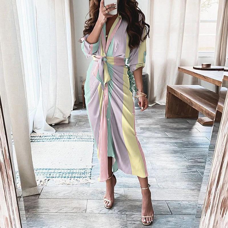 Mandotos long sleeve shirt dress with European and American print, lace-up front, button closure, and casual style.
