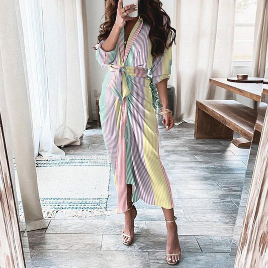 Mandotos long sleeve shirt dress with European and American print, lace-up front, button closure, and casual style.