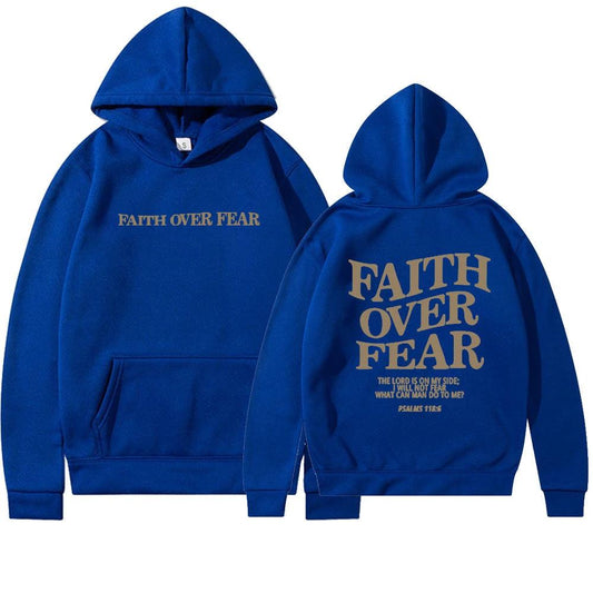 Unisex brown Christian hoodie by Mandotos with "Faith Over Fear" and Psalms 118:6 Bible verse printed on front.