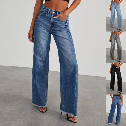 Mandotos high waist jeans with pockets, slim fit, straight wide-leg denim pants, showcasing classic blue denim style.