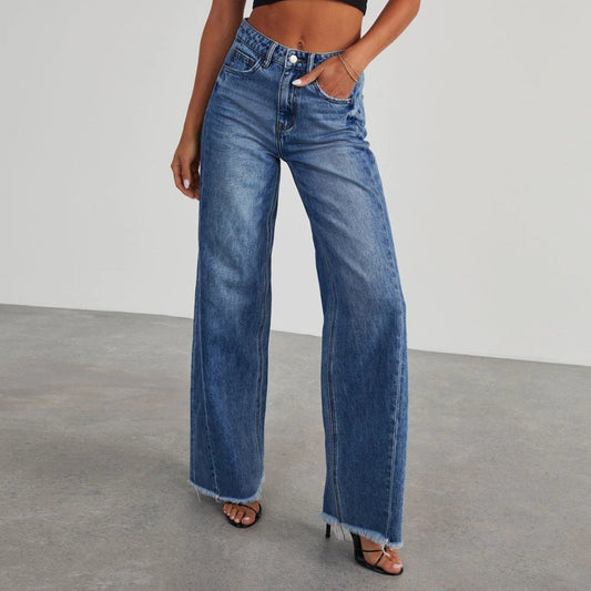 Mandotos high waist jeans with pockets, slim fit and wide-leg denim pants, styled with a natural fit and classic blue wash.