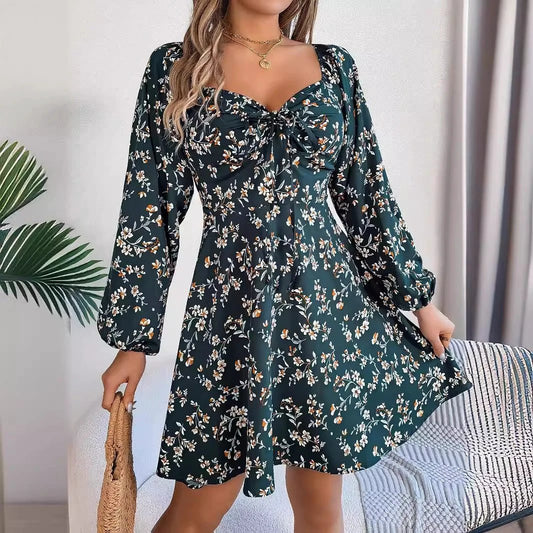 Mandotos floral print red lantern sleeve dress with tie square neck and A-line long sleeves, stylish and elegant for women.