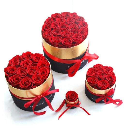 Preserved real roses in a MANDOTOS box set, perfect for romantic Valentine's Day gift, showcasing elegant, long-lasting flowers.