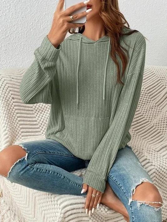 Mandotos women's knit hoodie sweatshirt with pockets, drawstring, long sleeves, solid sunken stripe knitwear for casual wear.