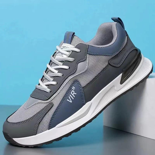 Mandotos men's color block mesh casual lace-up sneakers with breathable design for outdoor running and sports activities.
