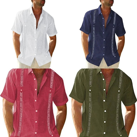 Men's Mandotos Guayabera Cuban shirt with short sleeves, casual printed streetwear style, featuring traditional embroidery details.