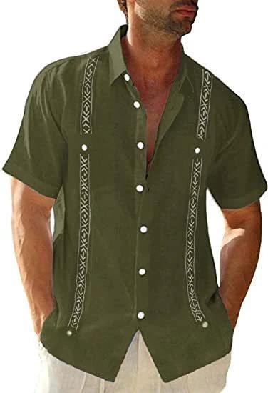 Men's Guayabera Cuban shirt by MANDOTOS, casual short sleeve streetwear with printed design and lightweight fabric.