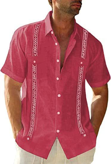 Men's Guayabera Cuban shirt by MANDOTOS, casual short sleeve printed streetwear, showcasing lightweight fabric and vibrant design.