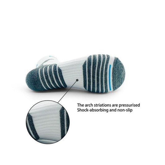 Six pairs of MANDOTOS men's padded ankle socks designed for sports, running, and all-day comfort with cushioned support.