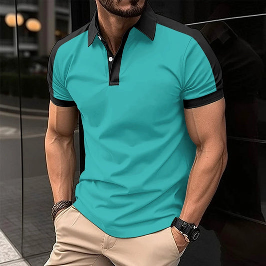 Men's short sleeve business polo shirt by MANDOTOS, casual summer design, lightweight fabric, classic collar, and button front.