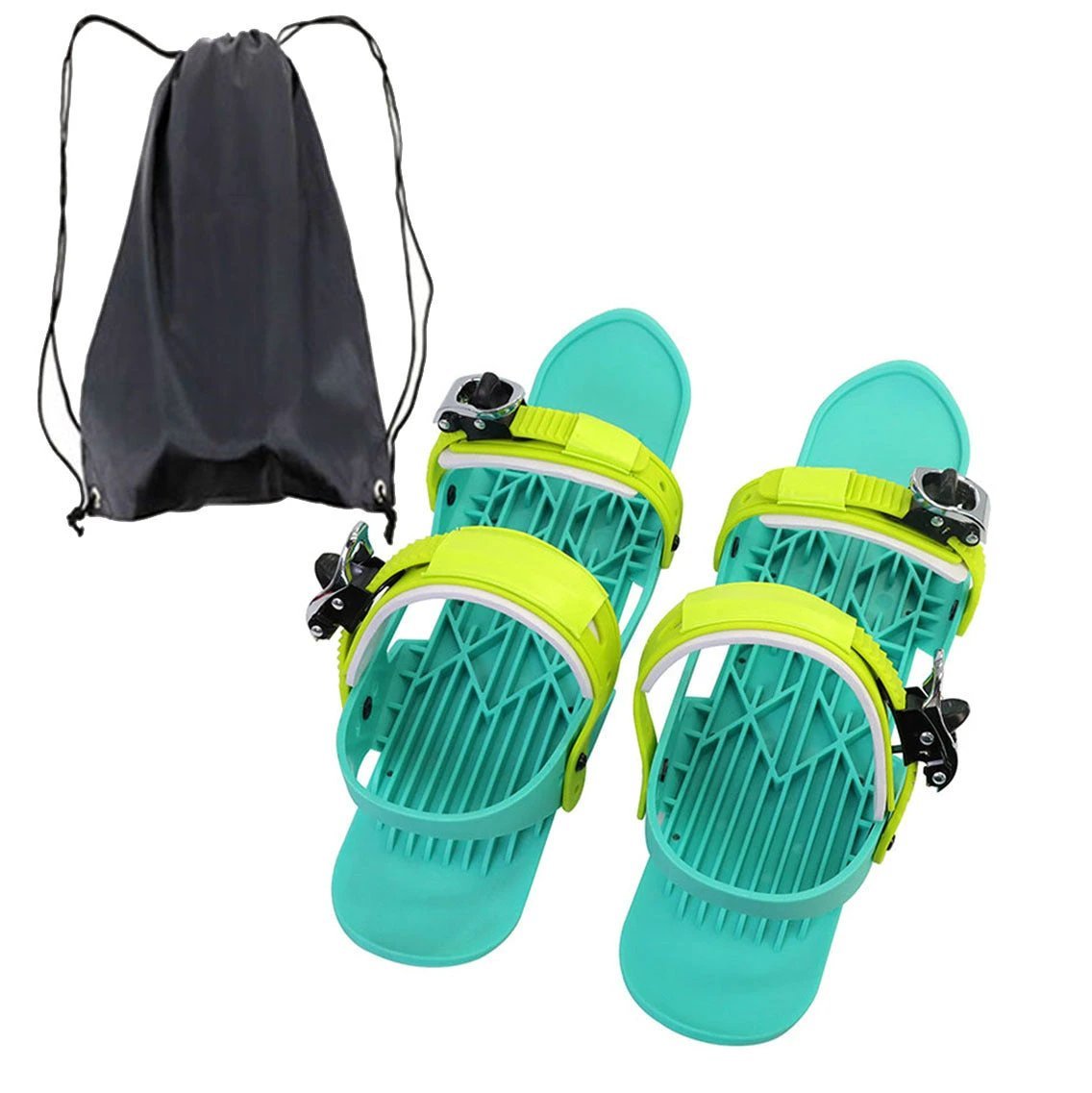 Mandotos Mini Ski Skates, portable and adjustable short skiboard for snow, shown in a winter outdoor setting.