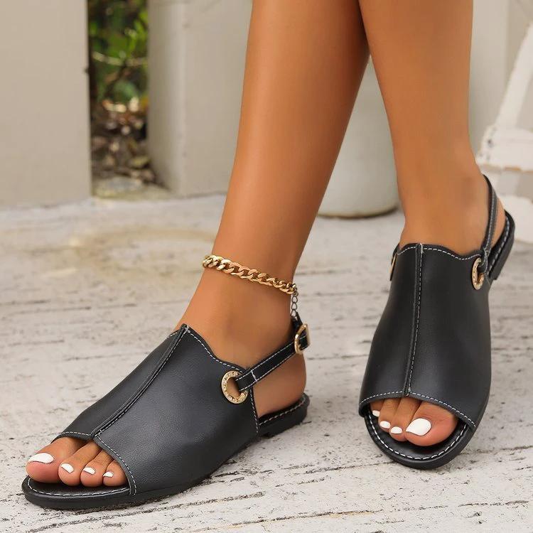 Mandotos peep-toe casual summer sandals with buckle straps, flat beach shoes perfect for warm weather and relaxed outings.