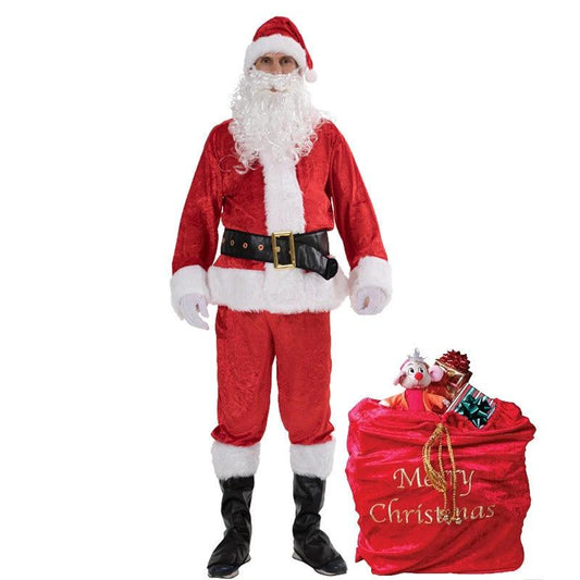Mandotos premium complete Santa Claus costume suit with red coat, white trim, black belt, and matching hat on a mannequin.
