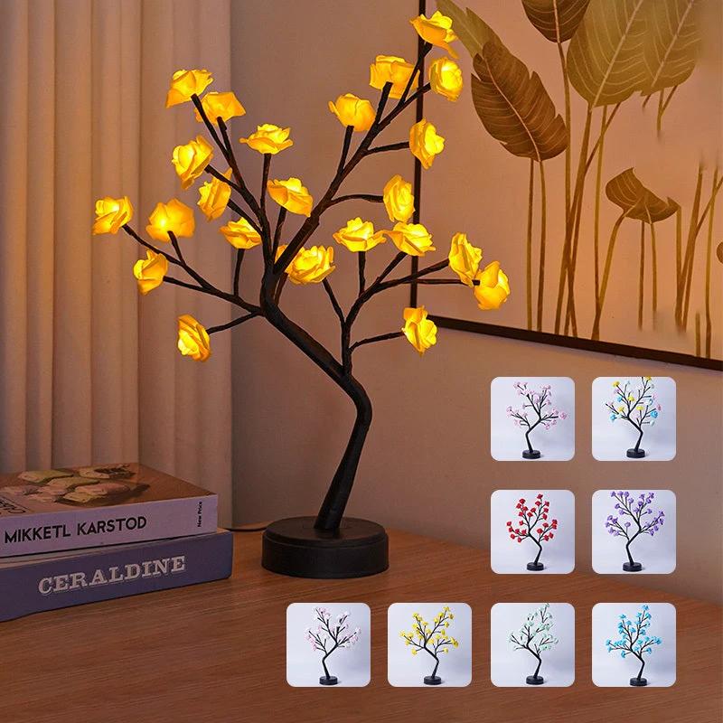 Mandotos Rose Flower Tree Desk Lamp with USB fairy night light, decorative floral table lamp for cozy lighting.