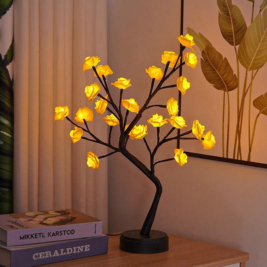 Mandotos Rose Flower Tree USB Desk Lamp with fairy lights and night light feature for cozy illumination on a desk or table.