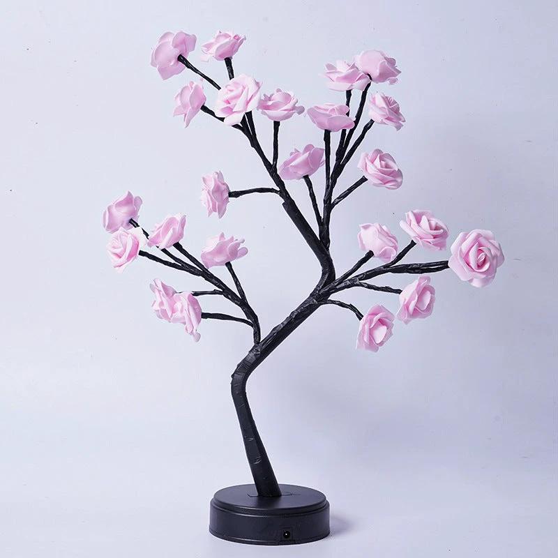 Mandotos Rose Flower Tree Table Lamp with USB fairy night light on a desk, decorative floral design for cozy lighting.