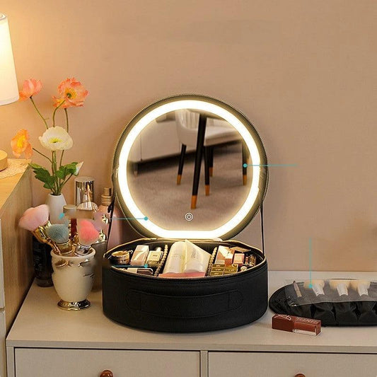 MANDOTOS round smart LED makeup bag with mirror lights, travel organizer for cosmetics and beauty essentials.