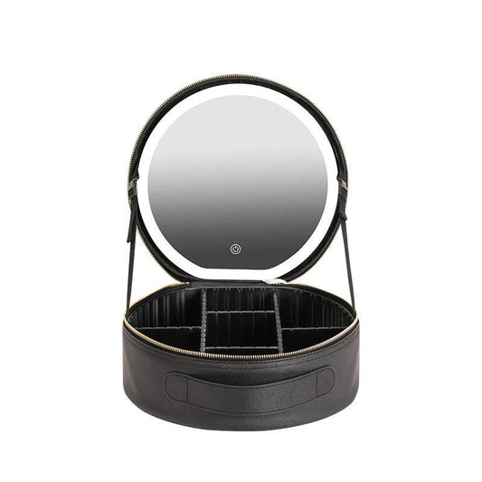Mandotos round smart LED makeup bag with mirror lights, travel organizer, compact design, ideal for cosmetics and personal items.
