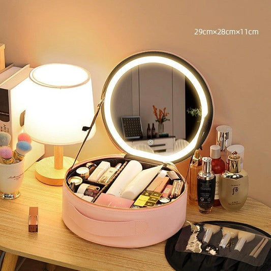 Mandotos round smart LED makeup bag with built-in mirror lights, travel organizer, compact design for cosmetics and accessories.