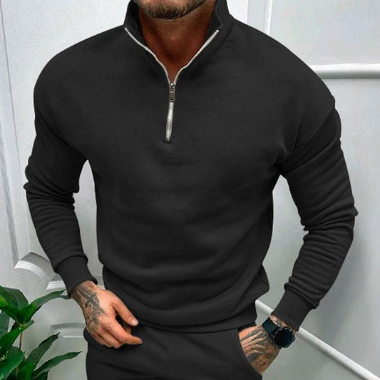 Mandotos men's solid color zipper sweatshirt with fleece lining, long sleeves, suitable for autumn and winter.