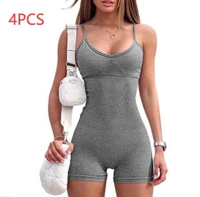 Mandotos women’s spaghetti strap shorts jumpsuit for yoga, workout, and fitness, featuring a tight, comfortable fit and sporty style.
