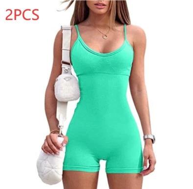Mandotos women's spaghetti strap sports jumpsuit with fitted shorts, ideal for yoga, fitness, and activewear workouts.