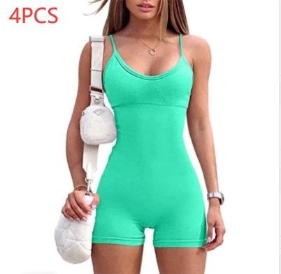 Mandotos women's spaghetti strap shorts jumpsuit for sports, yoga, and workout, featuring a fitted, stylish fitness romper.