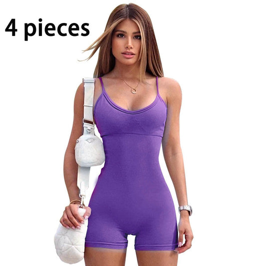 Mandotos women's spaghetti strap shorts jumpsuit for sports, yoga, and fitness, featuring a fitted and comfortable workout romper.