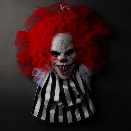 Mandotos Halloween horror clown wreath with spooky face and colorful decorations, perfect for frightful door decor.
