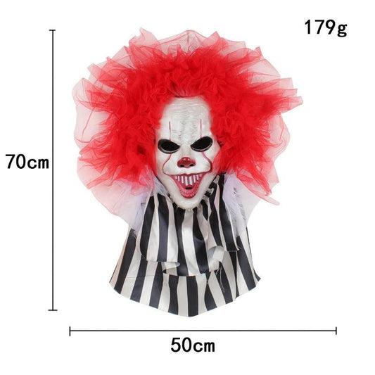 Mandotos Halloween horror clown wreath with spooky decorations, perfect for frightful door decor during Halloween.