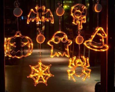 Mandotos Halloween LED window lights with spooky pumpkin, spider, and ghost designs for festive Halloween decoration.