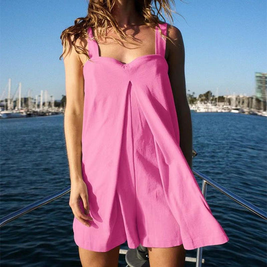 Mandotos square collar jumpsuit with summer shorts and suspender skirt design, featuring a stylish and comfortable fit.