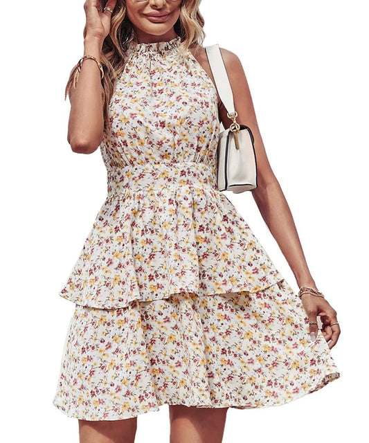 Mandotos summer printed halter dress for women with boho style, backless design, ruffled A-line beach dress.