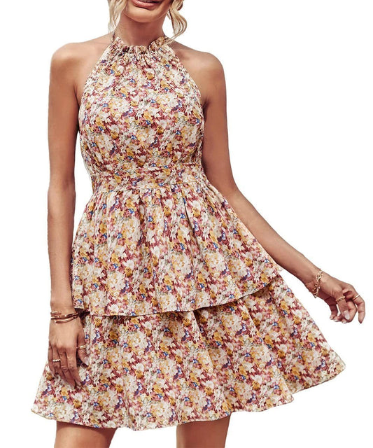 Mandotos summer printed halter dress for women, boho backless ruffled A-line beach dress with vibrant floral pattern.