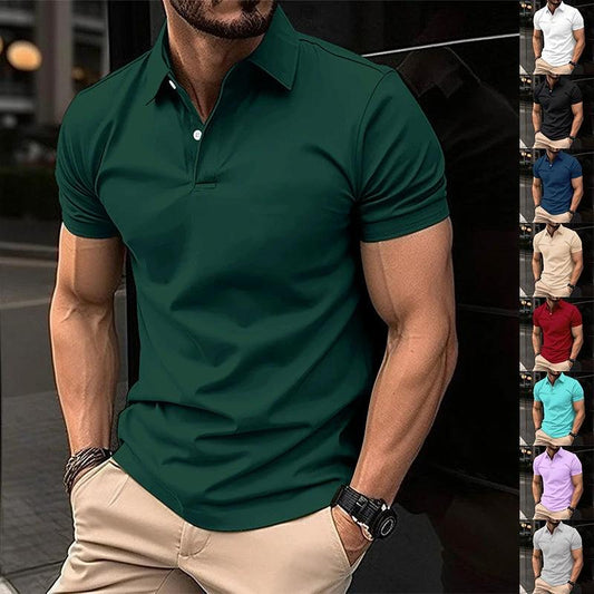 Men's solid color summer short sleeve polo shirt by MANDOTOS with button lapel, casual button top, lightweight and comfortable fit.