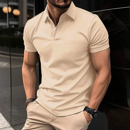 Men's solid color short sleeve polo shirt by MANDOTOS, featuring a button lapel and classic design for summer wear.