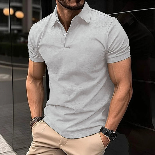 Mandotos men's summer short sleeve polo shirt in solid color with button lapel and classic fit, displayed on a plain background.