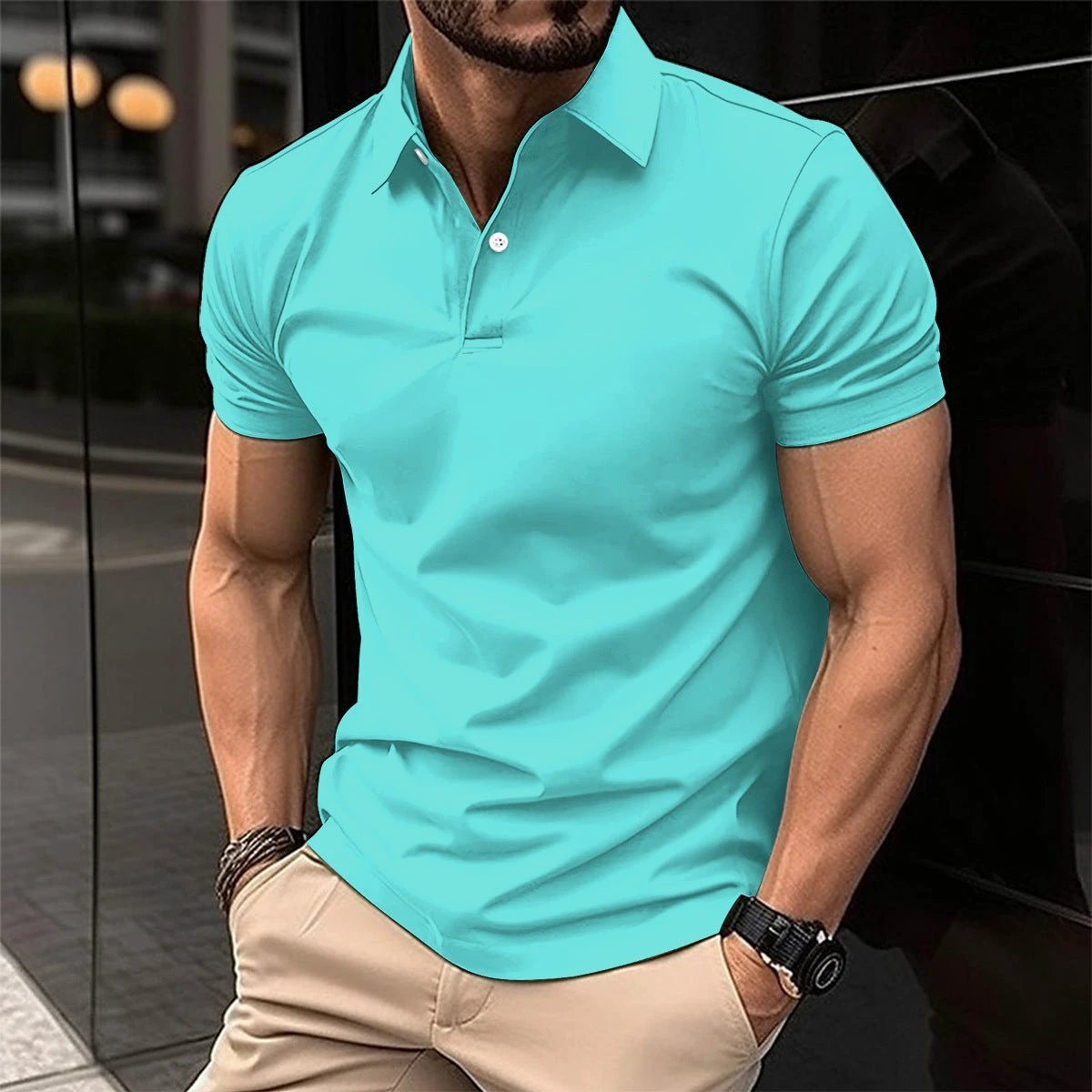 Mandotos men's summer short sleeve polo shirt in solid color with button lapel and classic collar, casual and comfortable style