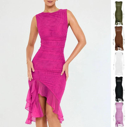 Mandotos summer slim skinny sleeveless dress for women, perfect for fashion parties and club events, shown on a model.