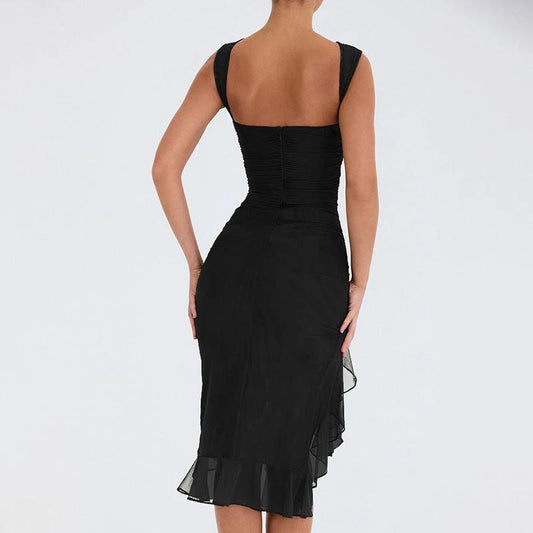 Mandotos summer slim skinny sleeveless dress for women, perfect for fashion, parties, and club events, shown in black fabric.
