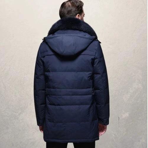 Mandotos ThermalGuard men's down jacket showing a lightweight, ultra-warm outer shell with a zip-up front and hood for outdoor adventures.