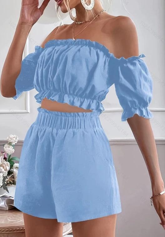 Two-piece women's short sleeve shorts set by MANDOTOS, featuring casual short-sleeve tops and matching shorts for comfortable summer wear.