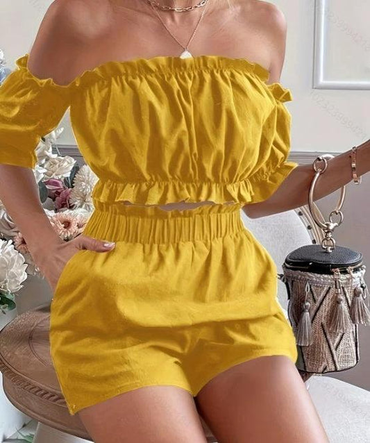 Two-piece women's short sleeve shorts set by MANDOTOS, featuring casual and comfortable design for warm weather.
