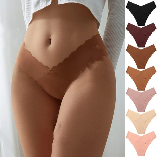 Mandotos Wave Lace V-shaped Waist Seamless Ice Silk Girl Underwear, soft and comfortable with delicate lace details.