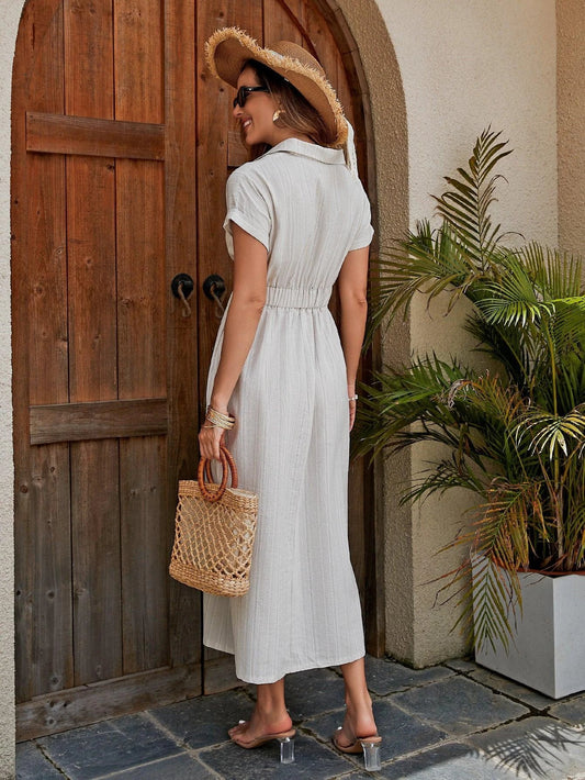 Women's cotton shirt dress by MANDOTOS featuring a breathable X-line midi design with knotted waist for a flattering fit.