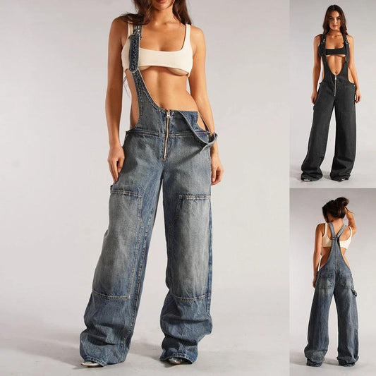 Mandotos Y2K denim overalls with zipper suspenders, streetwear style, featuring a casual, trendy jumpsuit design.