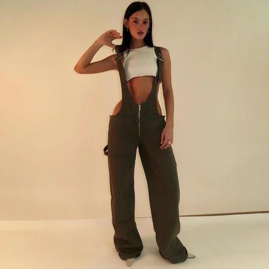 Mandotos Y2K denim overalls with zipper suspenders, streetwear style, casual jumpsuit featuring classic blue denim.