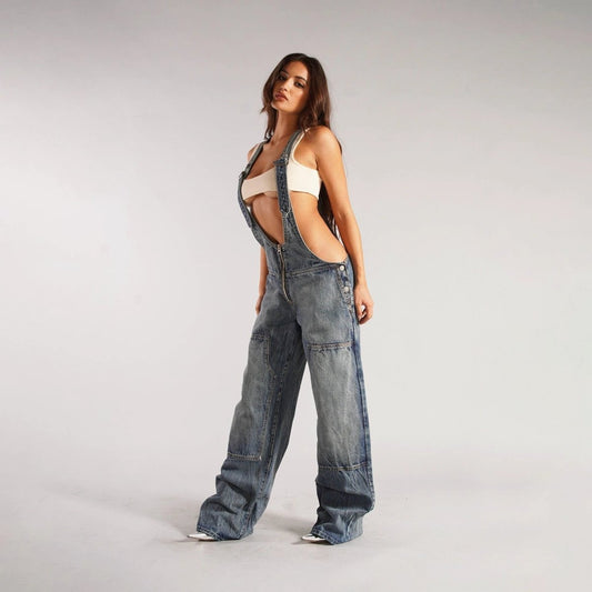 Mandotos Y2K denim overalls with zipper suspender design, streetwear style, casual jumpsuit, front pockets and adjustable straps.