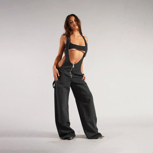 Mandotos Y2K denim overalls with zipper suspenders, streetwear jumpsuit, casual and trendy fashion look.