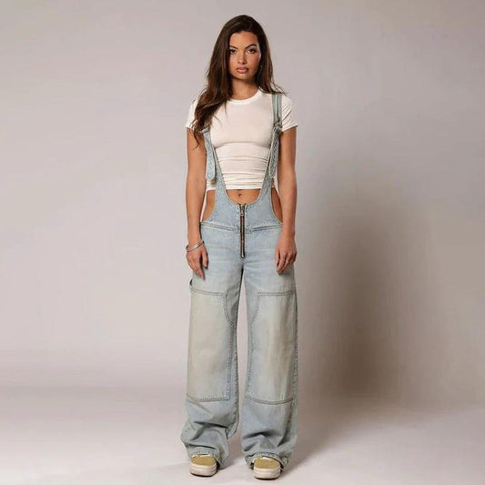 Mandotos Y2K denim overalls with zipper suspender design, streetwear style, casual jumpsuit, front pockets, and relaxed fit.